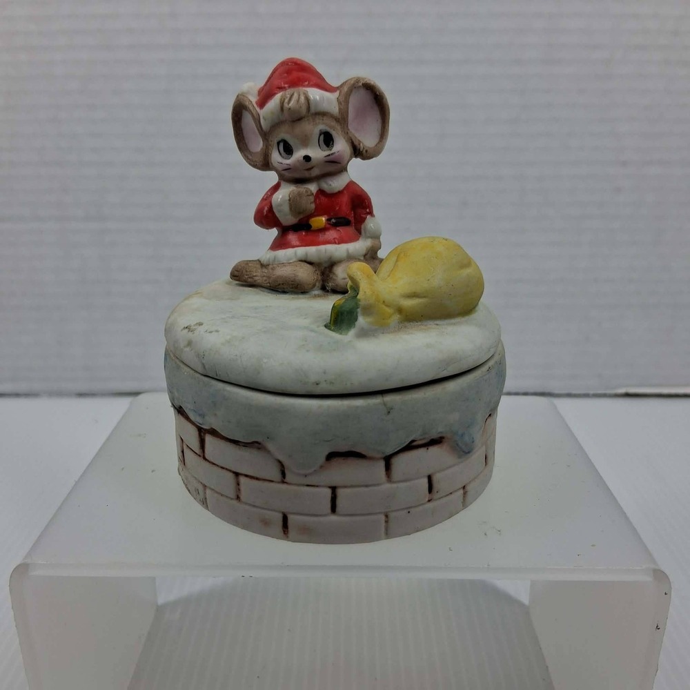 Homco Vintage‎ Christmas Mouse on Chimney Ceramic Trinket Box Santa Mouse 3.5in